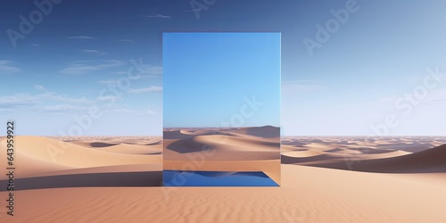 3d render, abstract fantastic panoramic background. Desert landscape with sand water and square mirror under the clear blue sky. Modern minimal aesthetic, Generative AI