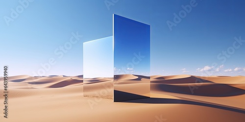 3d render, abstract fantastic panoramic background. Desert landscape with sand water and square mirror under the clear blue sky. Modern minimal aesthetic, Generative AI © Media Masterpieces