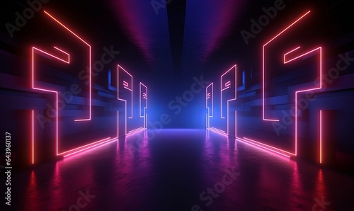 3d render, abstract background with empty dark room illuminated with red blue neon light. Laser lines labyrinth, virtual reality space, Generative AI