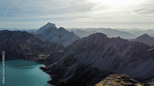 Drohnenaufnahme vom Schesaplana in Österreich, See und die Alpen photo