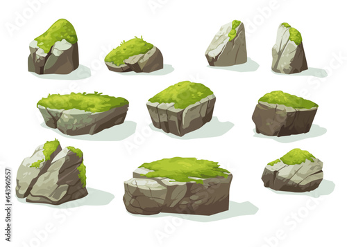 Moss plants growing on old gray stones of different shapes isolated set on white background