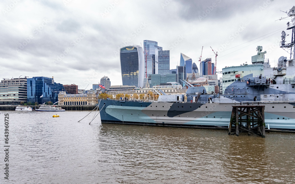 Daytime view of the cruiser Belfast in London's River Thames