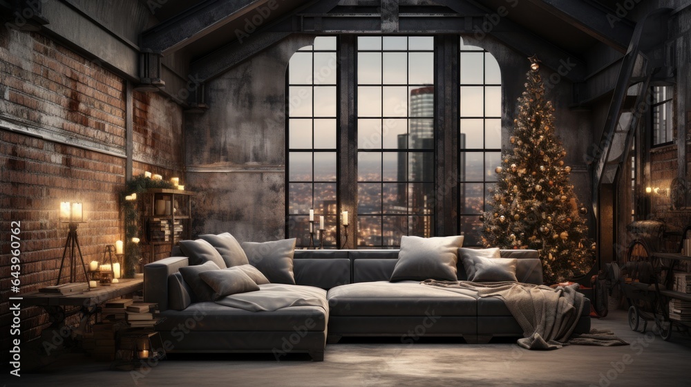 Obraz premium Loft style living room in luxury apartment with Christmas decor. Dark grunge walls, stylish cushioned furniture, bookcase, elegant Christmas tree, candles, large windows. Contemporary home design.