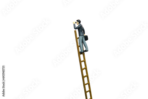 Miniature tiny people toy figure photography. Businessmen climb the ladder using binocular telescope. Isolated on a white background