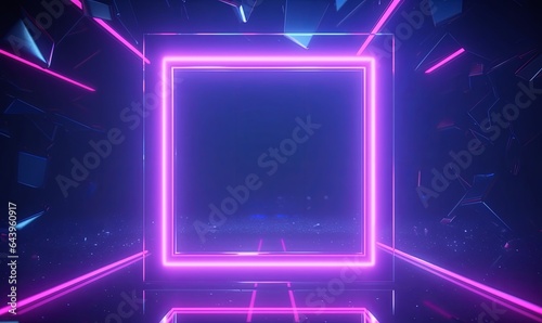 looping 3d animation. Abstract futuristic neon background with blank square frame and crystals. Pink blue glowing lines draw simple geometric shape. Spiritual fantasy, Generative AI photo