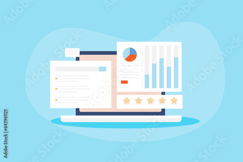 Digital marketing and e-business performance insights report on dashboard, SEO ranking position on search engine page, web traffic analytics, business analytical software on laptop display, banner.