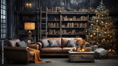 Loft style living room in luxury apartment with Christmas decor. Dark grunge walls, stylish cushioned furniture, bookcase, elegant Christmas tree, candles, large windows. Contemporary home design. © Georgii