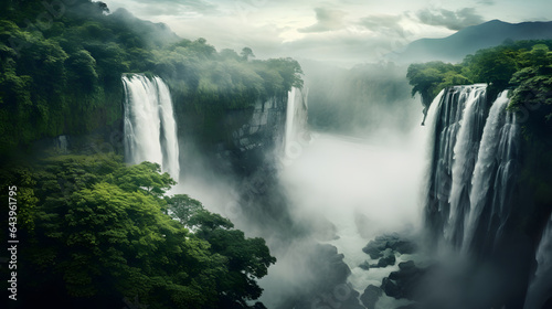 Witness the cascading wonder of a majestic waterfall from above. The highly detailed photography captures the frothy plunge, the lush greenery, and the misty atmosphere. © CanvasPixelDreams