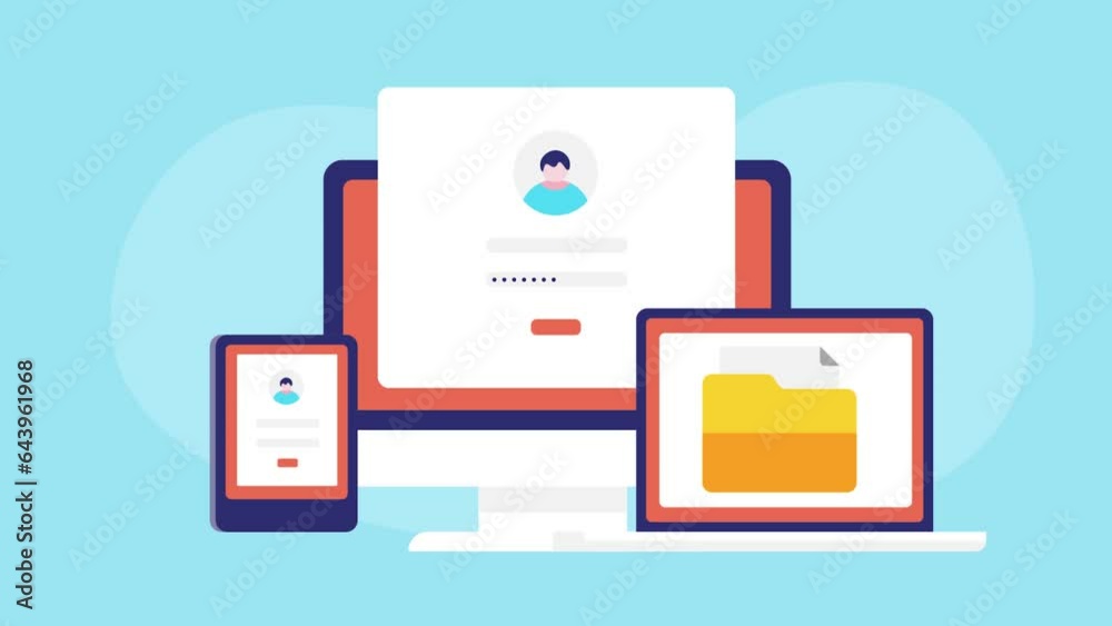 Webpage with user login access on desktop pc and tablet screen. personal data privacy safety document on laptop screen, internet security, secure website connection video animation concept.
