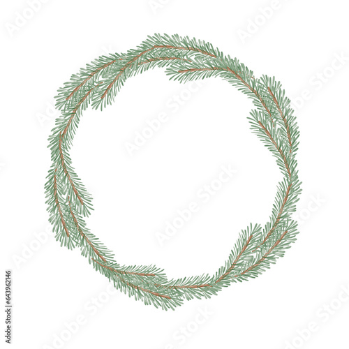Wreath of Christmas tree branches isolated on a white background.