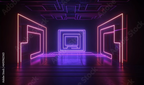 3d render. Abstract geometric background with neon rectangular frame inside the dark empty room and glowing laser labyrinth lines on the walls. Futuristic technology, Generative AI photo
