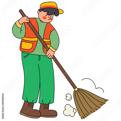Male street sweeper line filled illustration