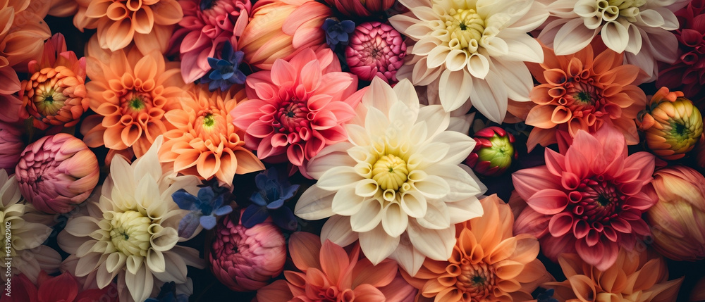 Tapeta kwiatowa - kolorowe tło z pięknych roślin.  - obrazy, fototapety, plakaty 