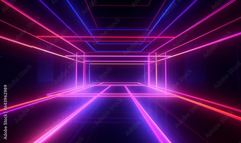 3d render, abstract geometric neon background, laser lines glowing in the dark, futuristic wallpaper, Generative AI