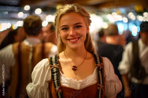 Portrait of a smiling young woman in a traditional Bavarian costume. Celebrating Oktoberfest. AI generative