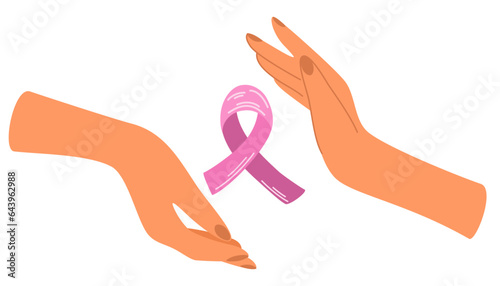 Hands Hold Pink Breast Cancer Awareness Ribbon. Symbol to support and fight for health cancer, vector flat illustration