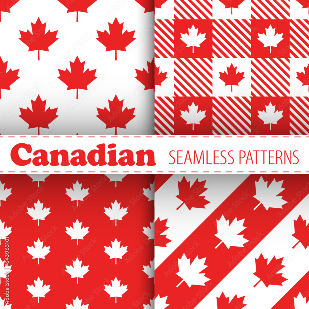 Canadian vector seamless patterns collection. Red maple leaves on white background. Best for textile, wallpapers, decoration, wrapping paper, package and web design. Canadian vector seamless patterns collection. Red maple leaves on white background. Best for textile, wallpapers, decoration, wrapping paper, package and web design.