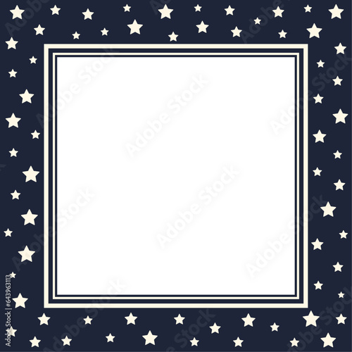 Vector square frame with copy space. White stars on night sky dark blue background.