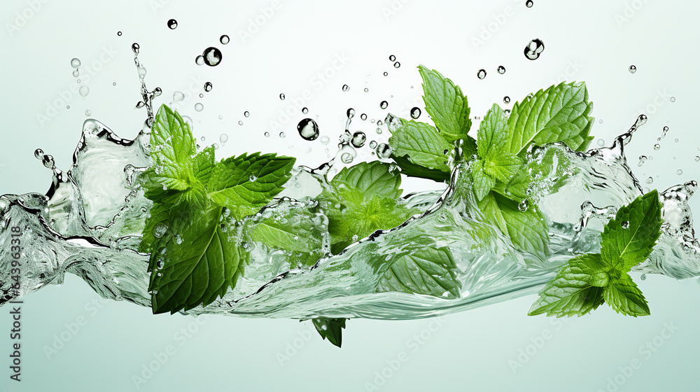 Fresh realistic green leaves of peppermint with water splashing isolated on transparent background. Generative AI Fresh realistic green leaves of peppermint with water splashing isolated on transparent background. Generative AI