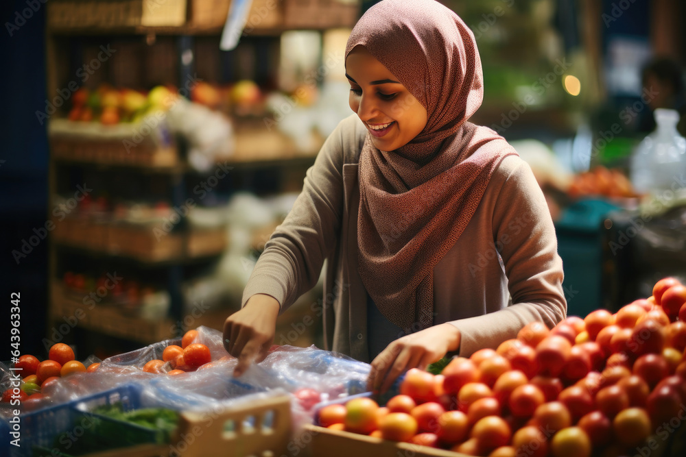 Diverse Fruit Market: Muslim Woman at Work