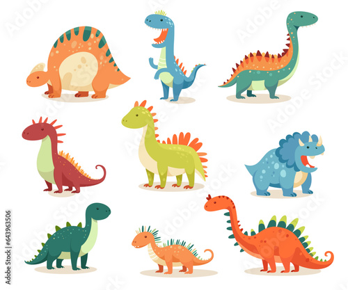 Isolated set of colorful funny baby dinosaurs cartoon jurassic mascot character vector illustration