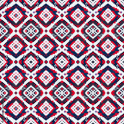 Ikat geometric folklore ornament with diamonds. Tribal ethnic vector texture. Seamless striped pattern in Aztec style. Folk embroidery. Indian, Scandinavian, Gypsy, Mexican, African rug.