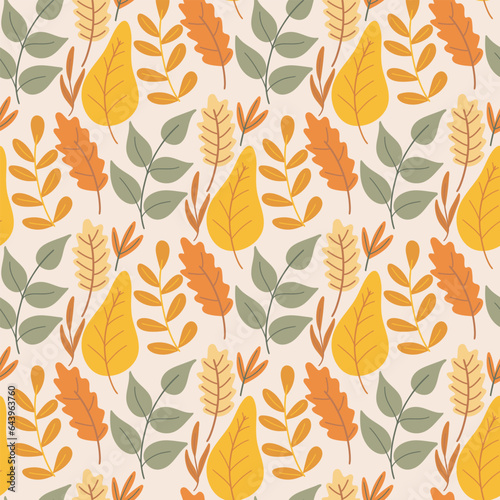 Cozy autumn foliage seamless pattern. Falling leaves colorful background. Leaf seasonal print for textile, digital paper, wallpaper, packaging and design, vector illustration flat style