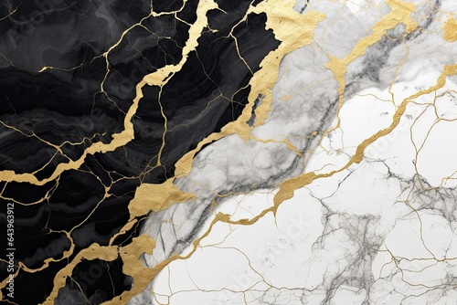 abstract background, black and white marble with golden veins, japanese kintsugi technique, fake painted artificial stone texture, marbled wallpaper, digital marbling, Generative AI