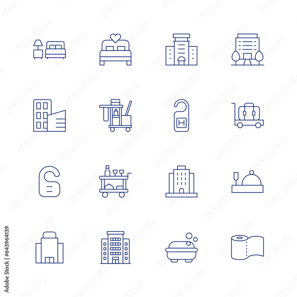 Hotel line icon set on transparent background with editable stroke. Containing accomodation, bed, building, cleaning cart, door hanger, food trolley, hotel, hotel sign, luggage cart, resort.