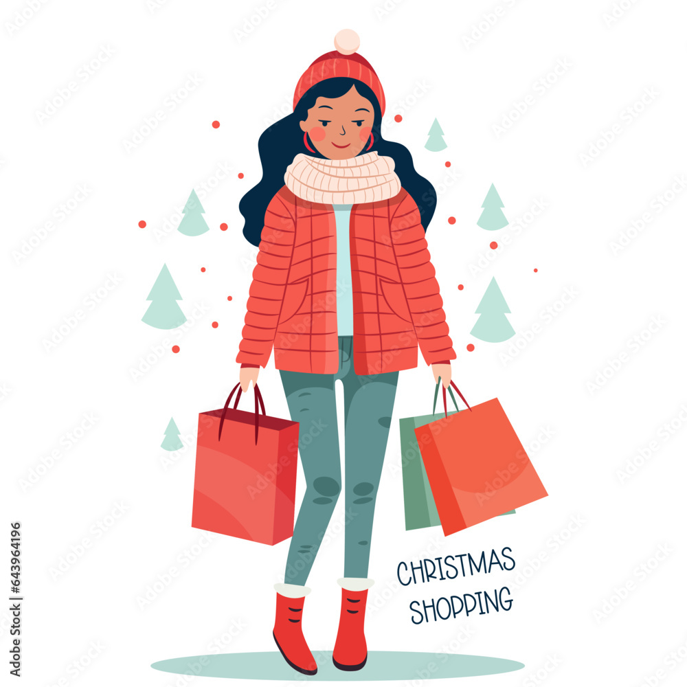 Pretty young girl walking and carrying shopping bags with Christmas gifts. Winter holidays. Flat vector illustration. Pretty young girl walking and carrying shopping bags with Christmas gifts. Winter holidays. Flat vector illustration.