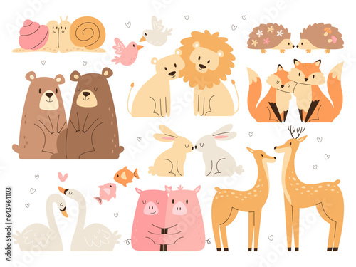 Cute loving couple wild forest, zoo or farm animal cartoon character hugging and kissing set © Mykola Syvak