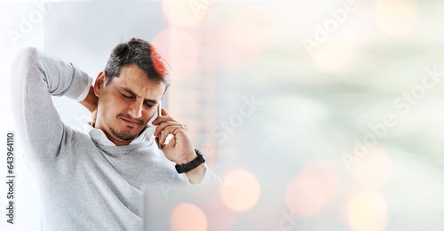 Stress, phone call and business man with neck pain in office with burnout, worry or workload pressure with mockup. Anxiety, muscle tension and guy project manager with smartphone conversation or fail