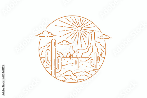 West America Desert Arizona California with Sun and Cactus Abstract Circle Badge Logo Illustration 