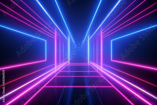 3d render, pink blue neon lines, geometric shapes, virtual space, ultraviolet light, 80's style, retro disco, fashion laser show, abstract background, Generative AI