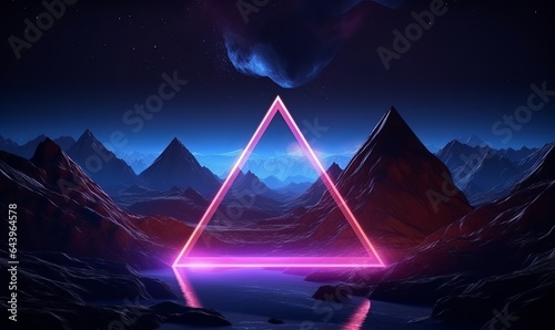 3d rendering. Abstract futuristic neon background. Fantastic landscape with glowing geometric triangular frame and mountains, Generative AI