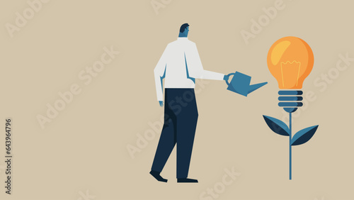 Vector illustration of a man watering a flower of inspiration.