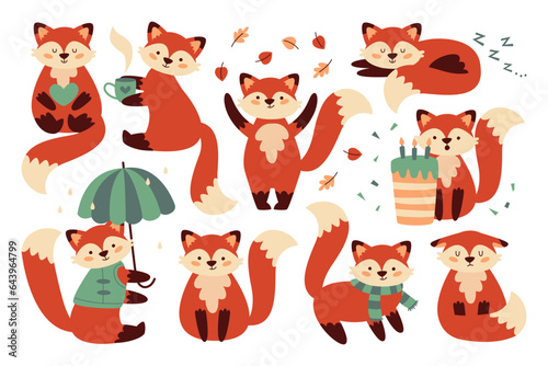 Cute funny little fox cartoon forest animal character with different emotion and action isolated set