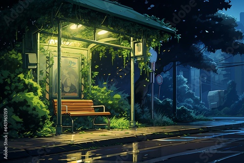A rainy bus stop with lush green vegetation in summer. Nighttime scene featuring a wooden bench. Manga-inspired artwork with nostalgic anime style. Generative AI