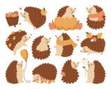 Different cute baby hedgehog autumn cartoon kawaii little wild forest animal character isolated set