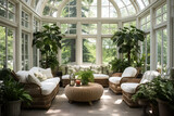 A sunroom filled with potted plants, hanging greenery, and comfortable seating for a luxurious botanical experience.