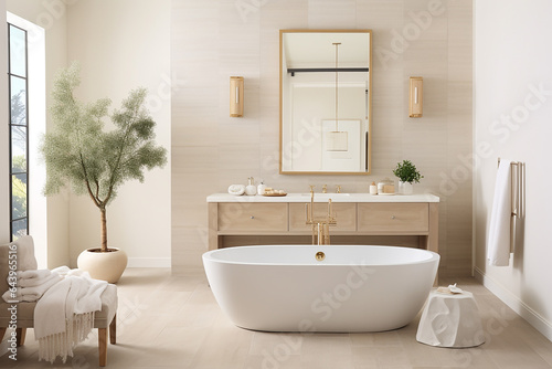 A spa-like bathroom with light-colored tiles  a freestanding tub  and elegant fixtures for a luxurious touch.