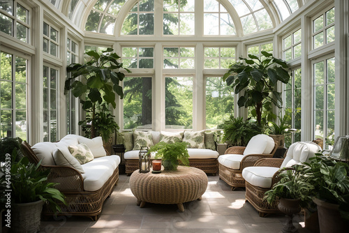 A sunroom filled with potted plants, hanging greenery, and comfortable seating for a luxurious botanical experience.
