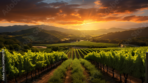 Vineyards sprawl in lush green rows as the sun sets over the horizon. The highly detailed photography showcases the orderly vine plots, the vibrant foliage, and the warm twilight.