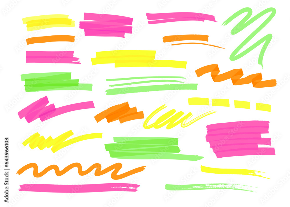Colorful hand drawn marker highlighter stripe, line, stroke, wavy scribble vector illustration set