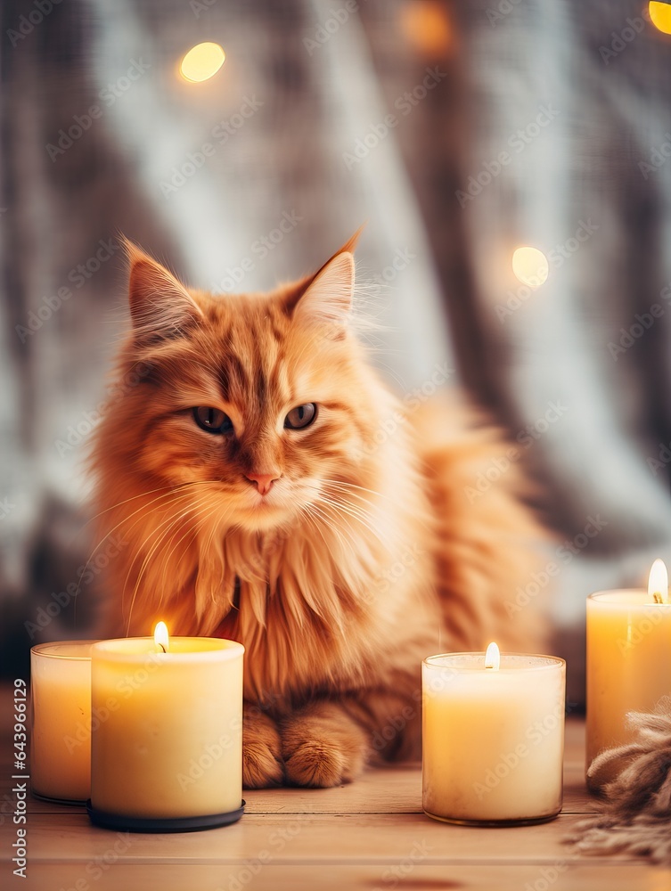 Fluffy ginger cat on cozy knitted blanket in winter decorated home interior, warm light Fluffy ginger cat on cozy knitted blanket in winter decorated home interior, warm light