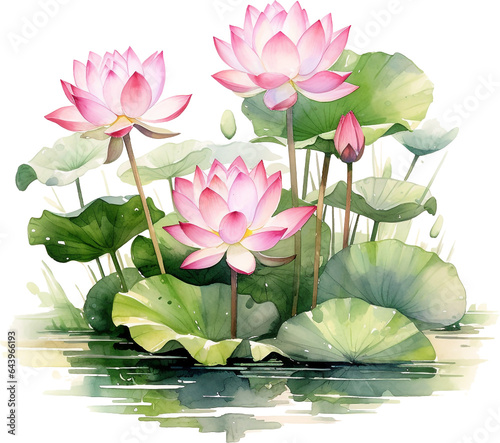 Watercolor light pink water-lilly flower in pond with branch and round leaves