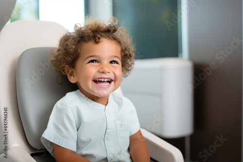 Curly-haired baby in the dentist's chair smiling broadly, showing his teeth