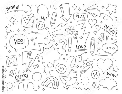 Different cute linear doodles hand drawn decoration symbol simple sketch and funny inscription set