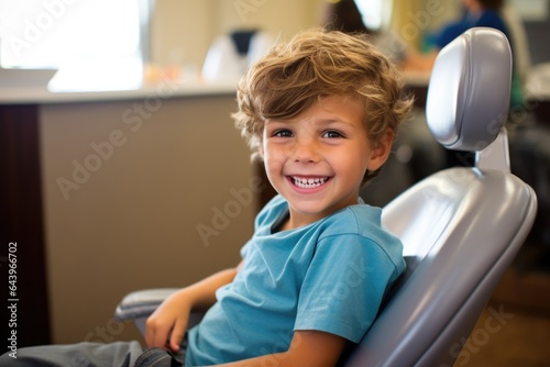 A boy in a dentist's chair smiles broadly, showing his teeth