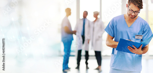 Healthcare, clipboard and man nurse writing in a hospital for planning, schedule or checklist. Doctor, documents and male health expert with file for medical, compliance or life insurance paperwork photo